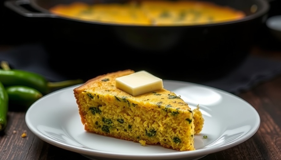 Green chile blue cornbread slice with butter on a plate.