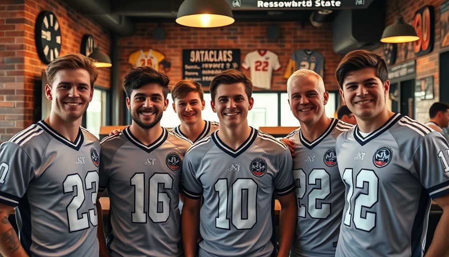 Highland Park football team at auction event, smiling in sports venue.