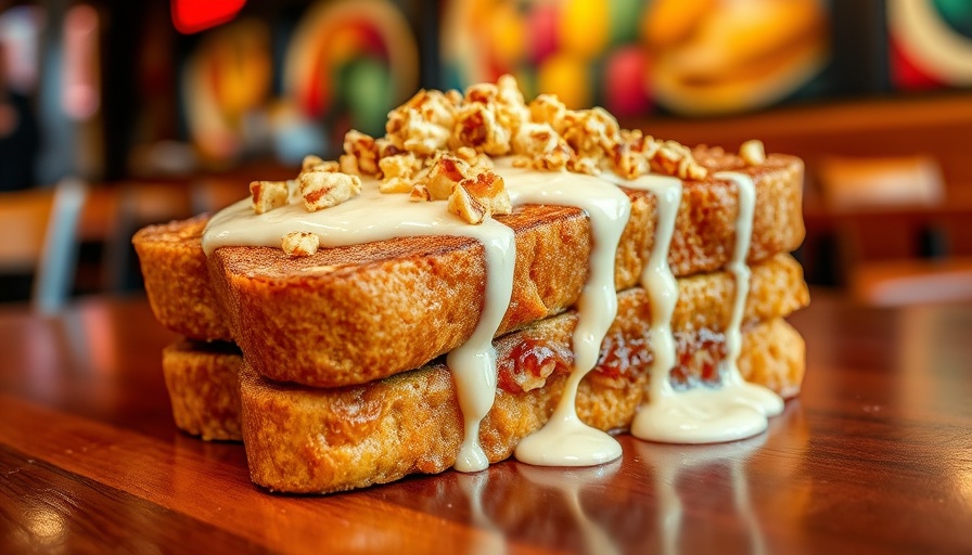 Indulgent brunch French toast at Pillar in Bishop Arts, topped with nuts and sauce.