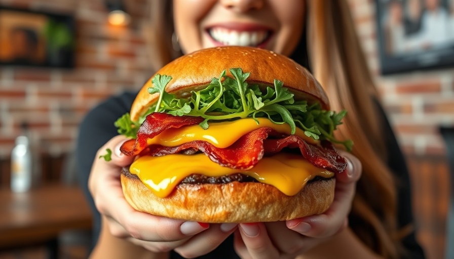 Brunch All Day gourmet burger in hand with backdrop of smiling woman.