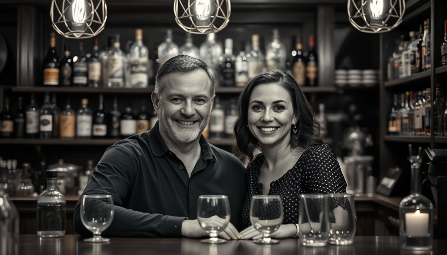 Nostalgic photo of two people smiling behind a bar at Adelmo's Dallas restaurant.