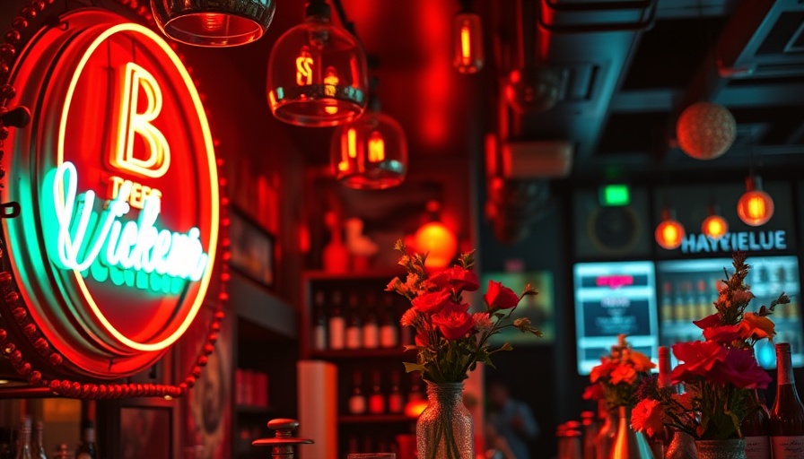 Trendy bar interior showcasing exclusive bartender takeover with neon sign.