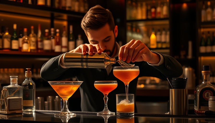 Bartender artfully pouring cocktail in a Dallas bar, September 2025.