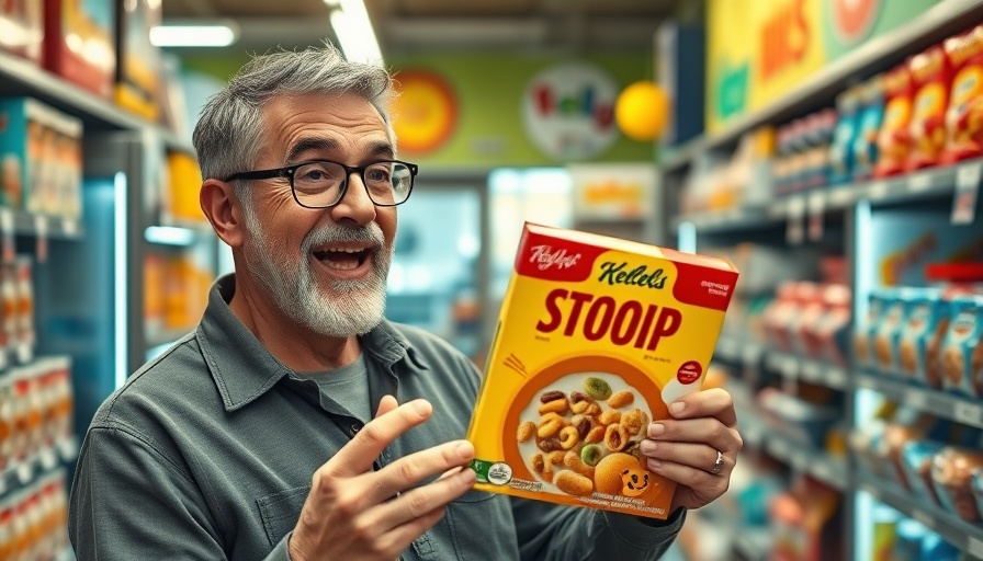 Man holding a colorful cereal box in a vibrant retro cereal store.