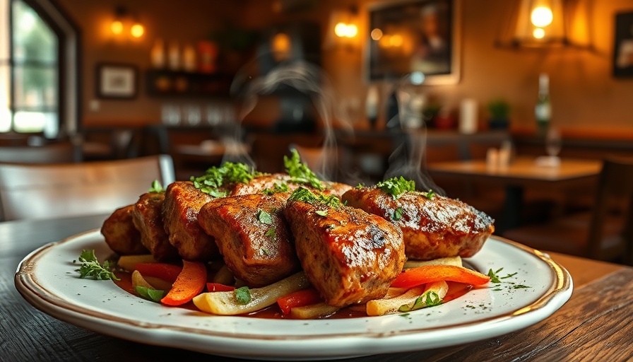 Juicy Turkish kebaps in a North Texas restaurant setting, garnished with herbs.