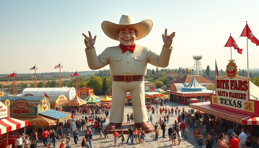 Big Tex statue at State Fair of Texas, sunny day, vibrant scene.