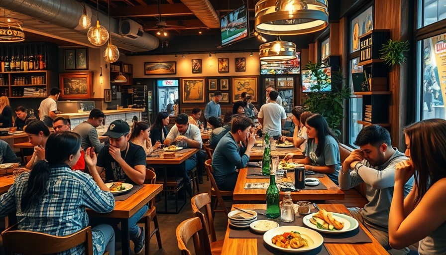 Eclectic restaurant scene with diverse patrons and colorful decor.