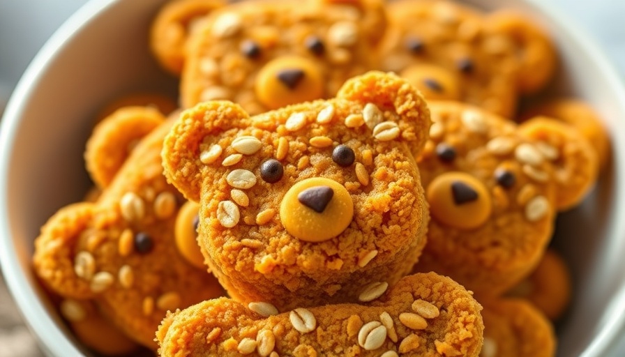 Close-up of toddler pumpkin oat bars shaped like bears in a bowl.