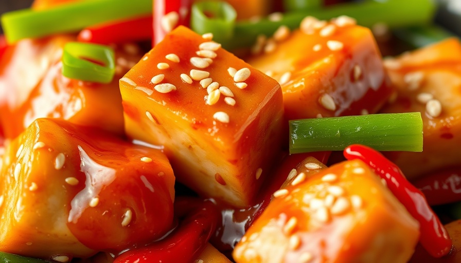 Szechuan Tofu with sesame seeds and peppers.