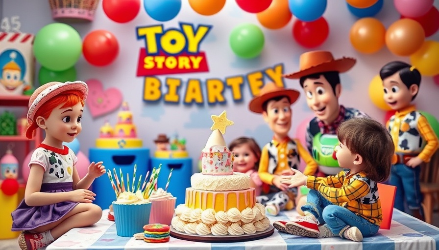 Vibrant Toy Story birthday party setup with decorations and treats.