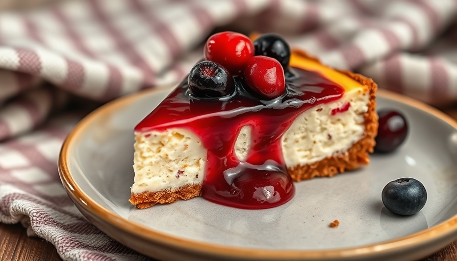 Slice of vegan cheesecake with berry compote on a plate.