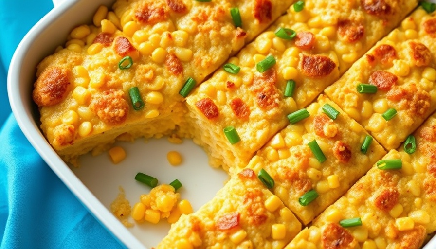 Delicious vegan corn casserole in a baking dish, topped with green onions.