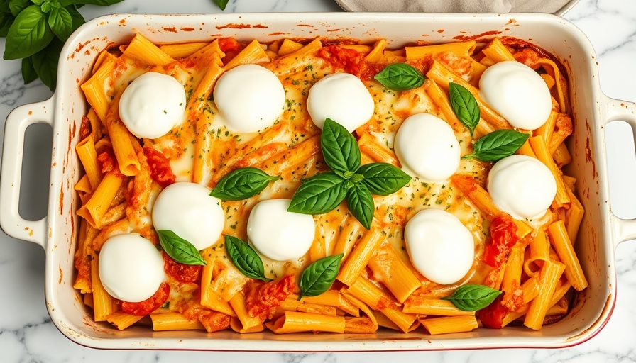Delicious vegan baked ziti in a pan with basil leaves.