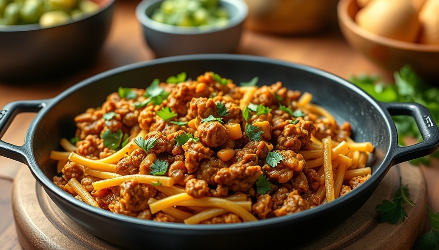 Vibrant curried turkey sloppy joes garnished with herbs in skillet.