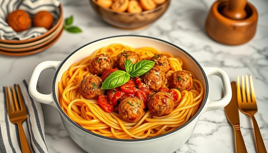 One-Pot Spaghetti-O's with Mini Meatballs in a pot on a rustic table.