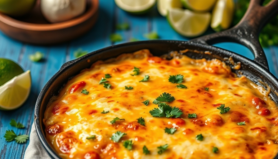 Skillet King Ranch Casserole with melted cheese on blue table.