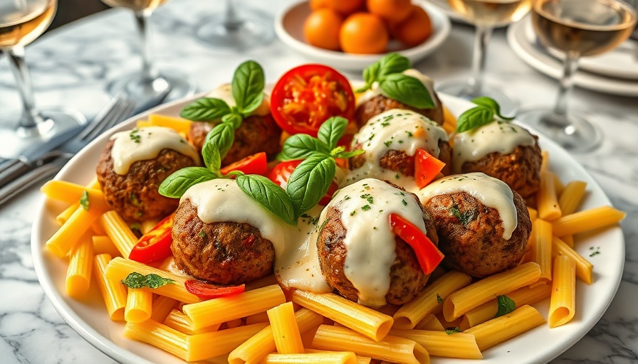 Delicious meatballs with basil and burst tomatoes on a platter