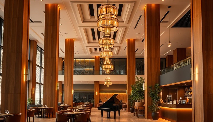 Modern restaurant interior with grand wooden columns, featuring elegant design for Urban Italia and Saffron House Dallas Launch.