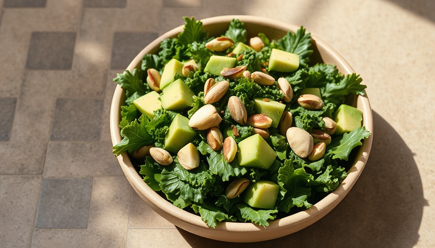 Detox Kale Salad with avocado and pistachios in a rustic bowl
