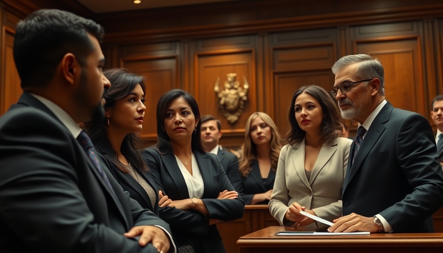 Courtroom scene with individuals discussing legal matters, related to suing abortion pill providers in Texas.