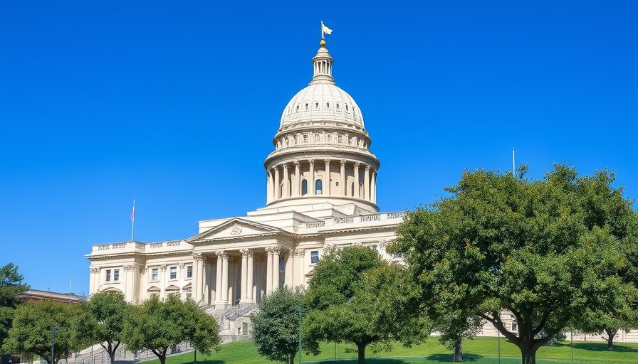 Texas State Capitol with overlay of monochrome headshot discussing Texas Redistricting Bill.