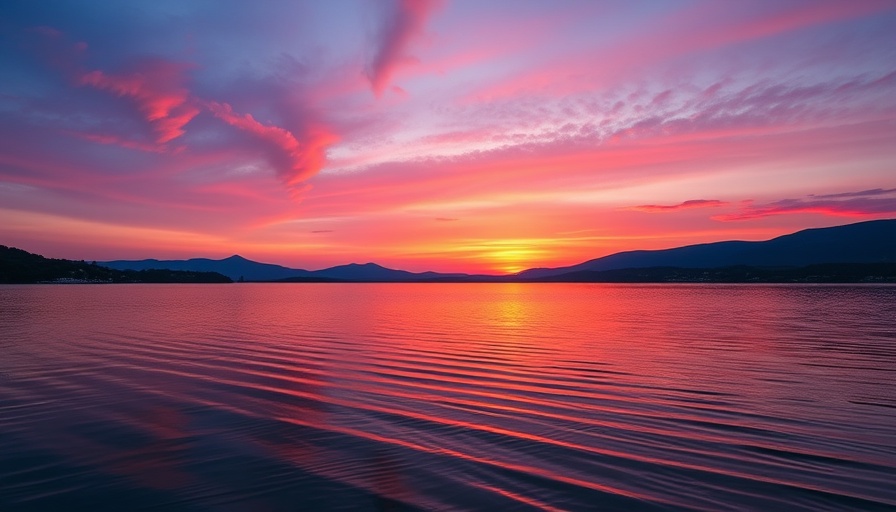 Serene sunset over a calm lake with vibrant sky colors reflecting on the water.
