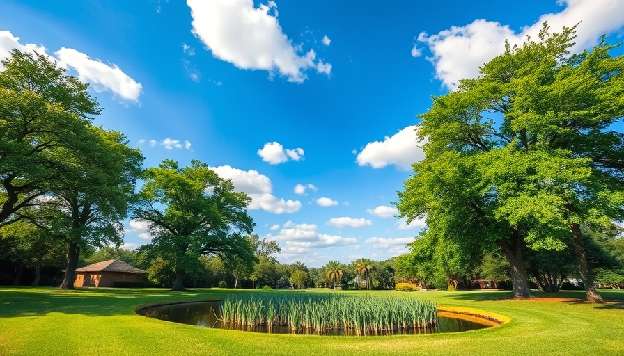 Dallas water conservation in a lush green park with a pond.