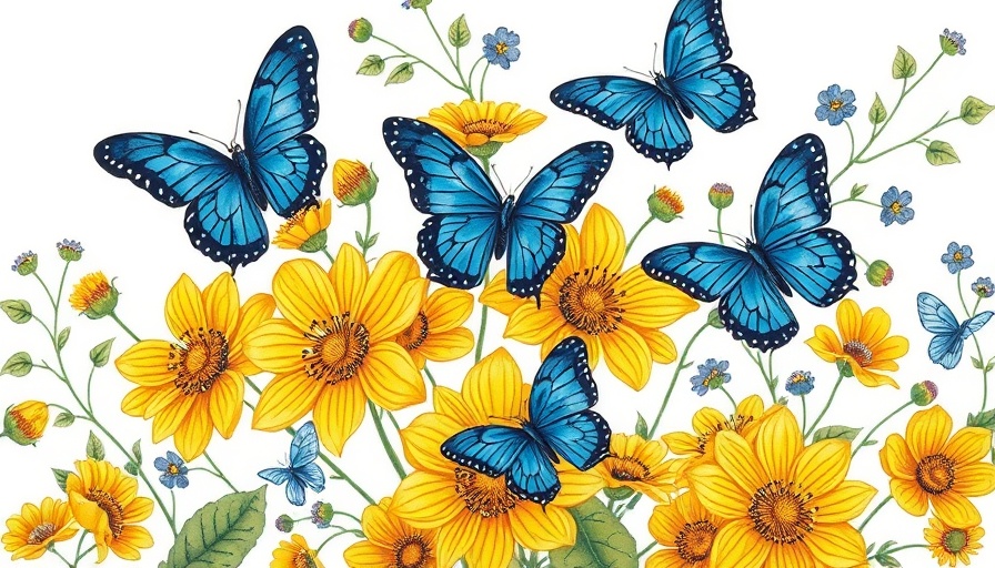 Vibrant Petrykivka Art Exhibit piece at Dallas City Hall featuring yellow flowers and blue butterflies