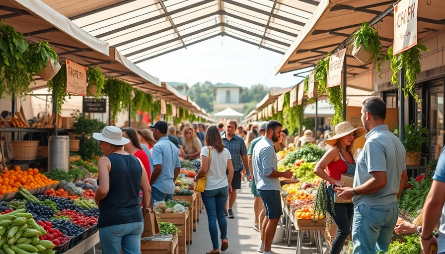Local farmers at a bustling market engaging with community members.