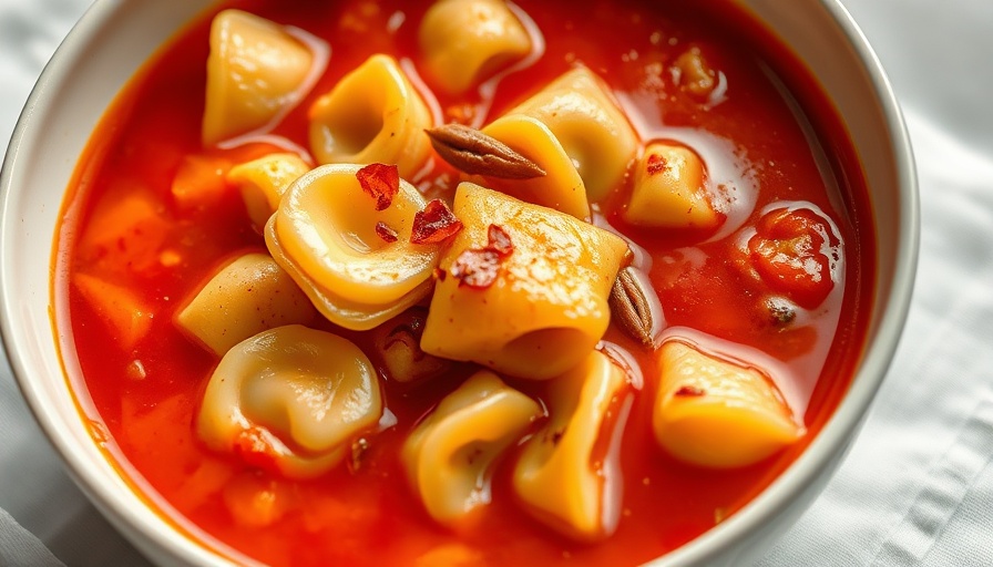 Vegan tortellini soup in white bowl with tomato broth.