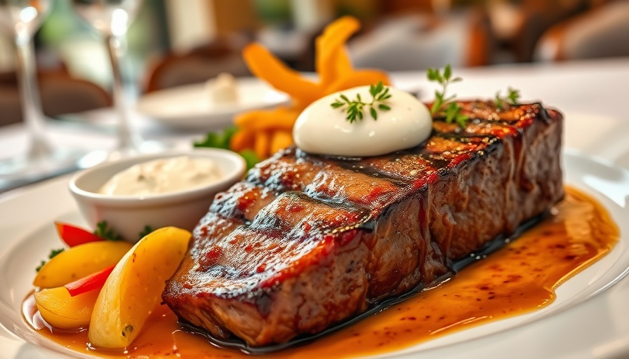 Exquisite steak dish at 12 Gage Restaurant in Marathon, Texas, served with colorful vegetables.