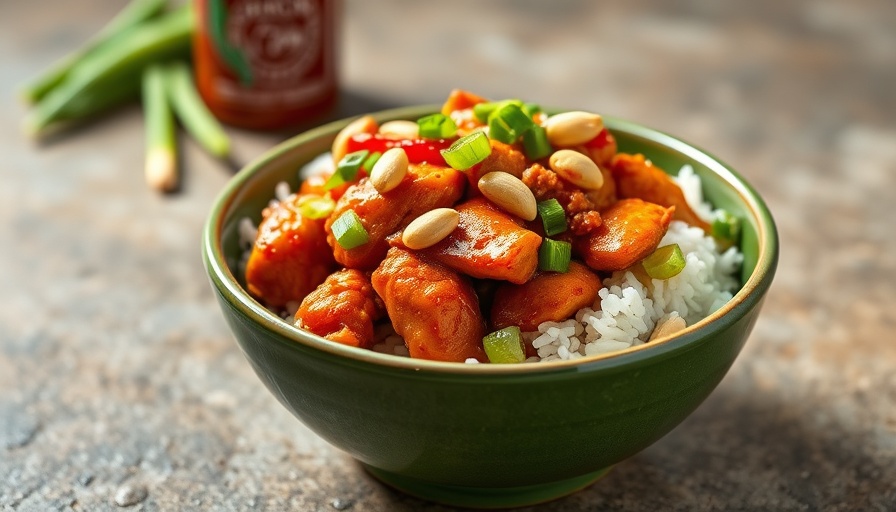 Flavorful Sriracha Chicken Stir Fry with rice, peanuts, and scallions.