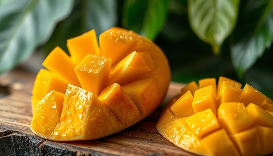 Whole and diced Ataulfo mango on a wooden board.