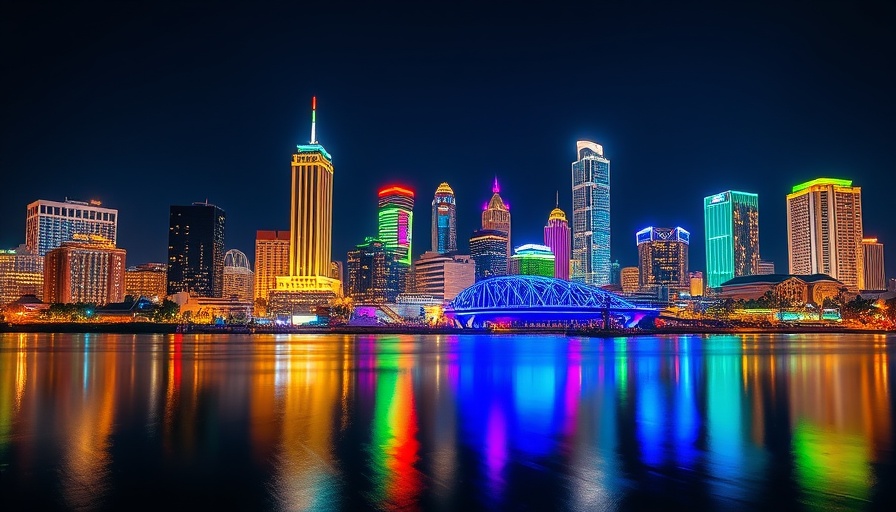 Dallas Nighttime Economy Division, vibrant city lights reflecting on water.