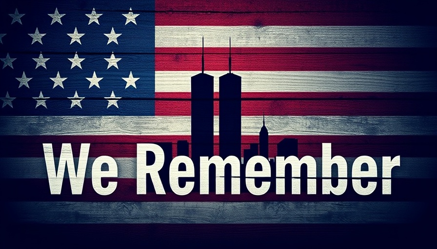 Honoring the legacy of 9/11 with 'We Remember' text over flag.
