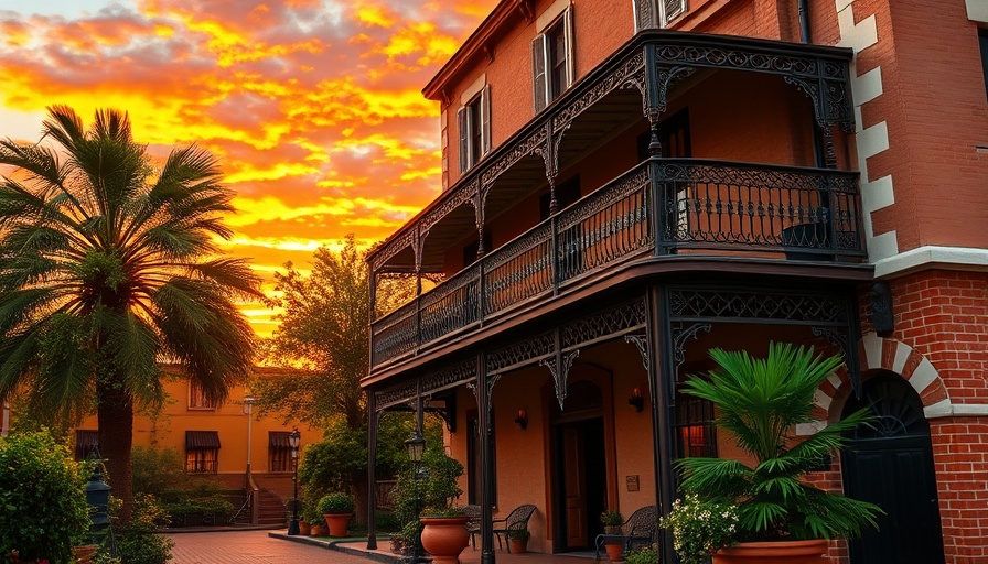 Historic hotel in Jefferson Texas during vibrant sunset.