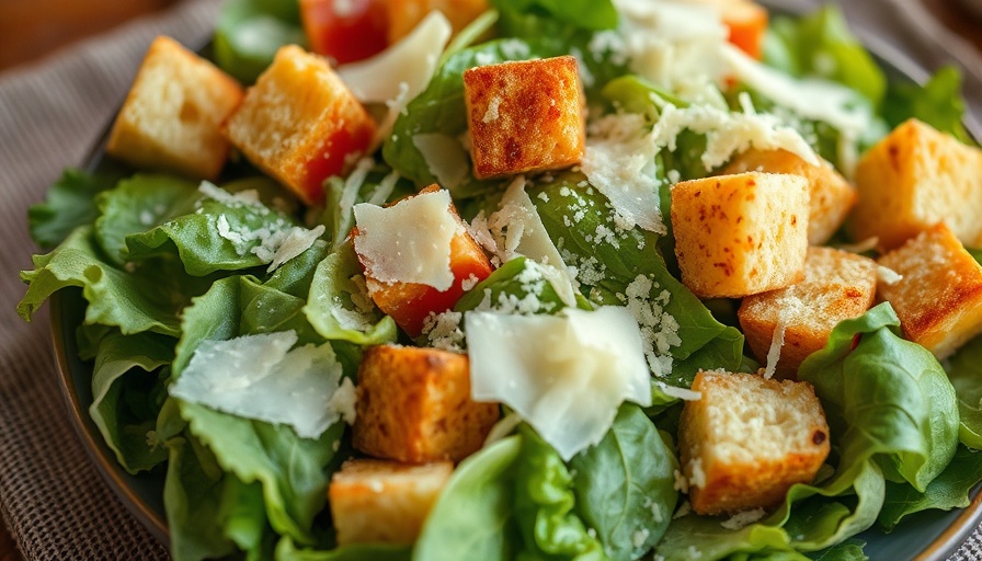 Best Caesar salad in Dallas with croutons and Parmesan in a wooden bowl.