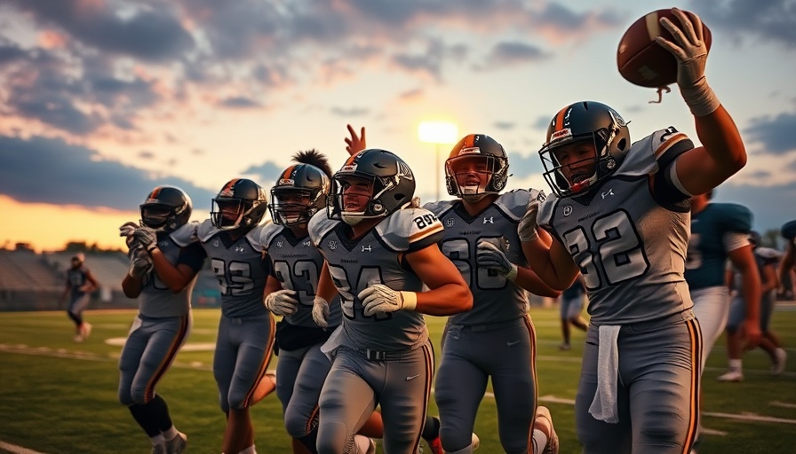 Dallas high school football victory celebration under evening sky.