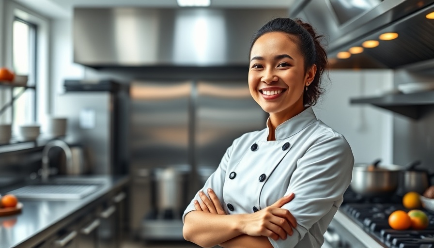 Chef smiling in a modern kitchen showcasing culinary success.