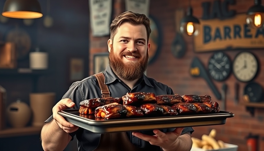 Man at Cooper's Old Time Pit Bar-B-Que holding tray of ribs.