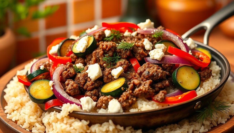 Mediterranean beef and veggie skillet with rice, dill, and feta.