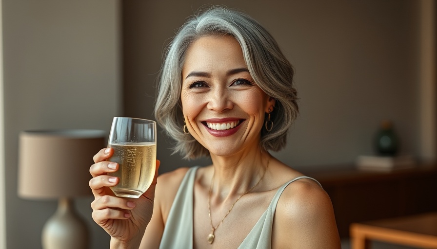 Elegant woman enjoying sparkling sake in Dallas, smiling brightly.