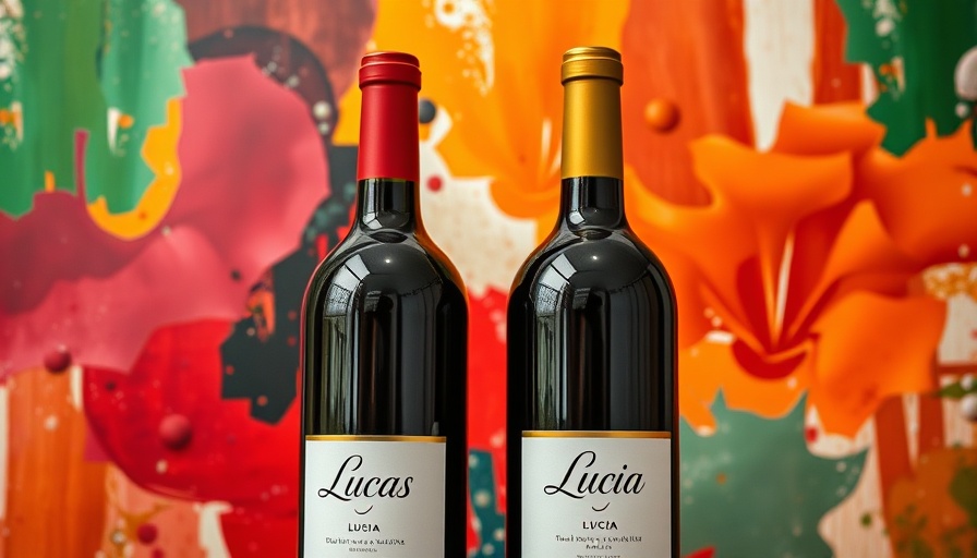 Three elegant wine bottles in front of an abstract colorful painting.