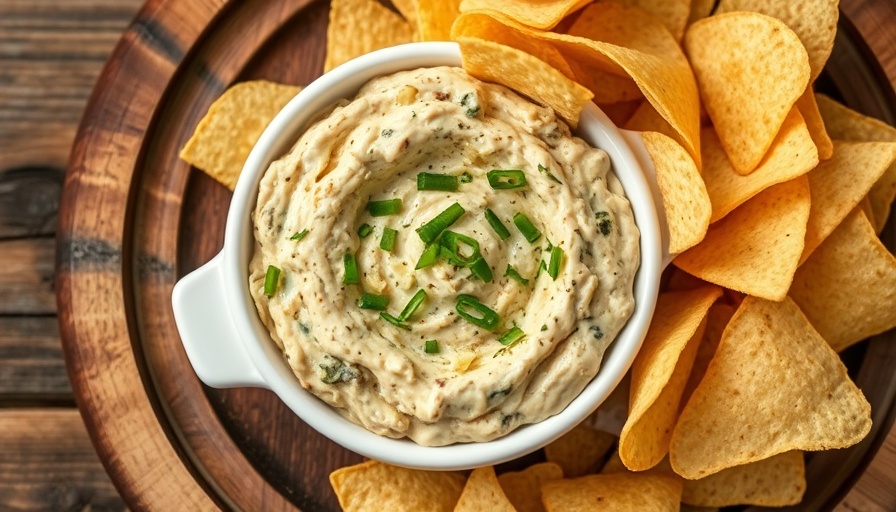 Creamy poblano artichoke dip with tortilla chips on a platter.