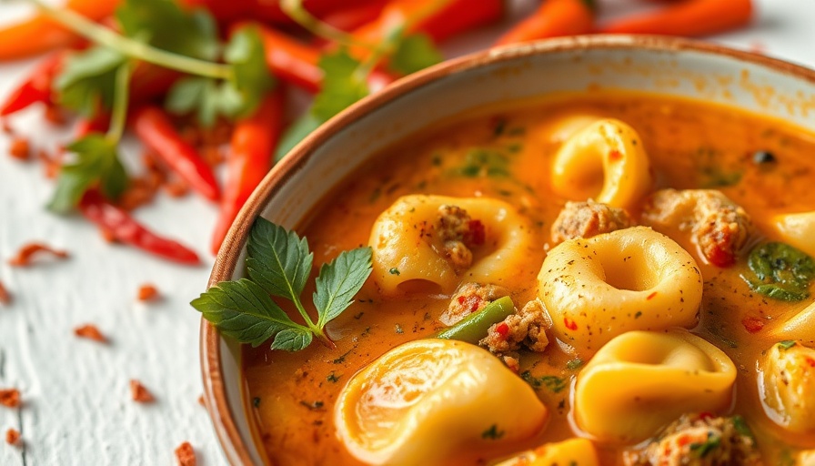 Vegan tortellini soup in white bowl with spices, vibrant photo.