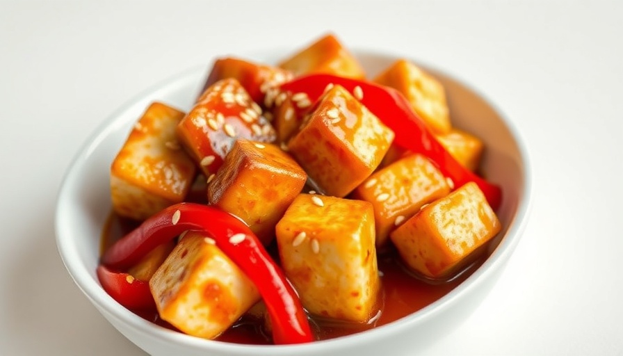 Szechuan Tofu Recipe: Tofu cubes with glaze and sesame seeds in a bowl.