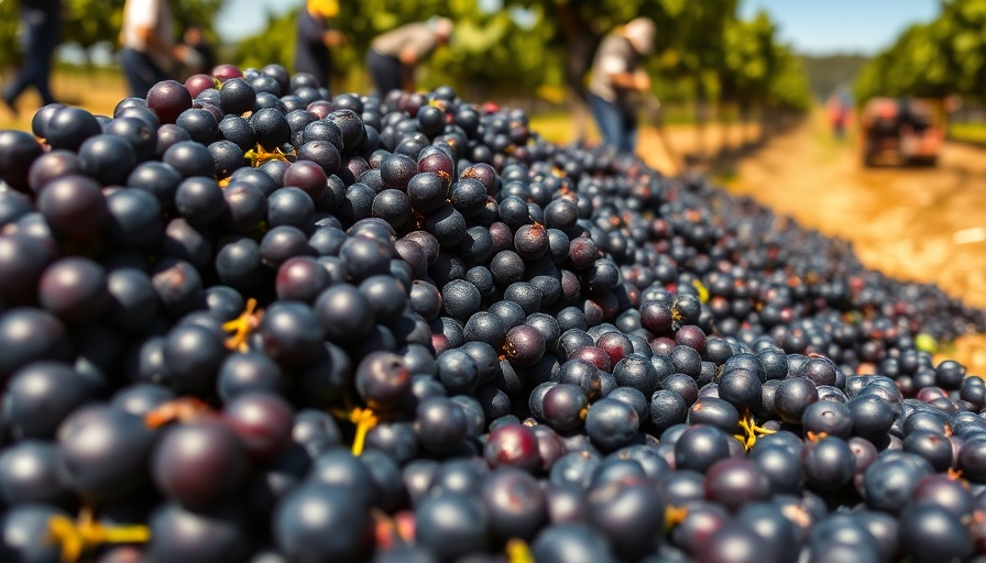 Freshly harvested grapes in Texas vineyard, sunny day.