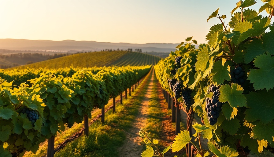 Scenic vineyard with Texas Touriga and Aglianico grapes, sunny landscape.