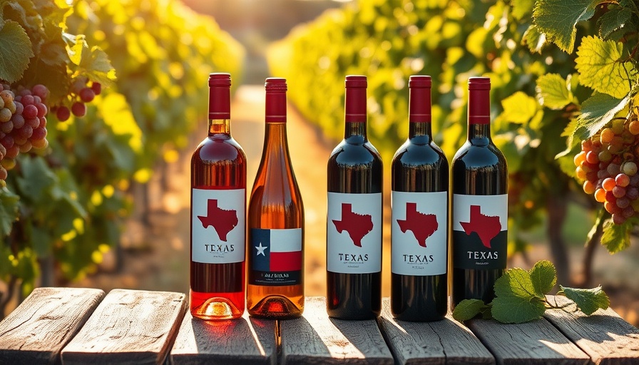 Elegant Texas wine bottles in sunlit vineyard.