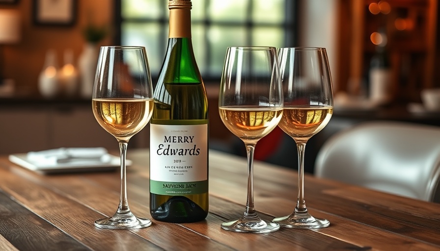 Merry Edwards Sauvignon Blanc in DFW on rustic table with glasses.